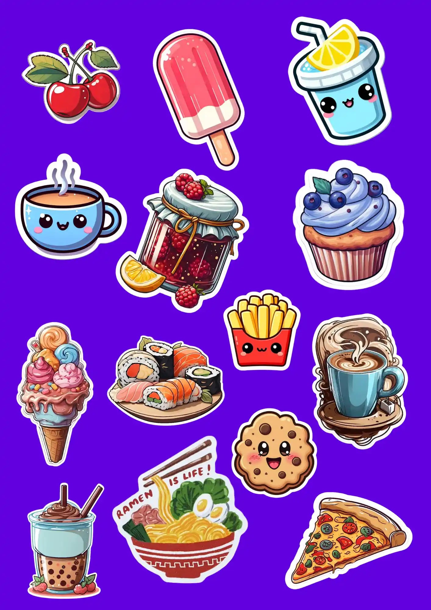 Fun Foodie Delights with Cute Expressions Sticker Pack (14 Pcs)