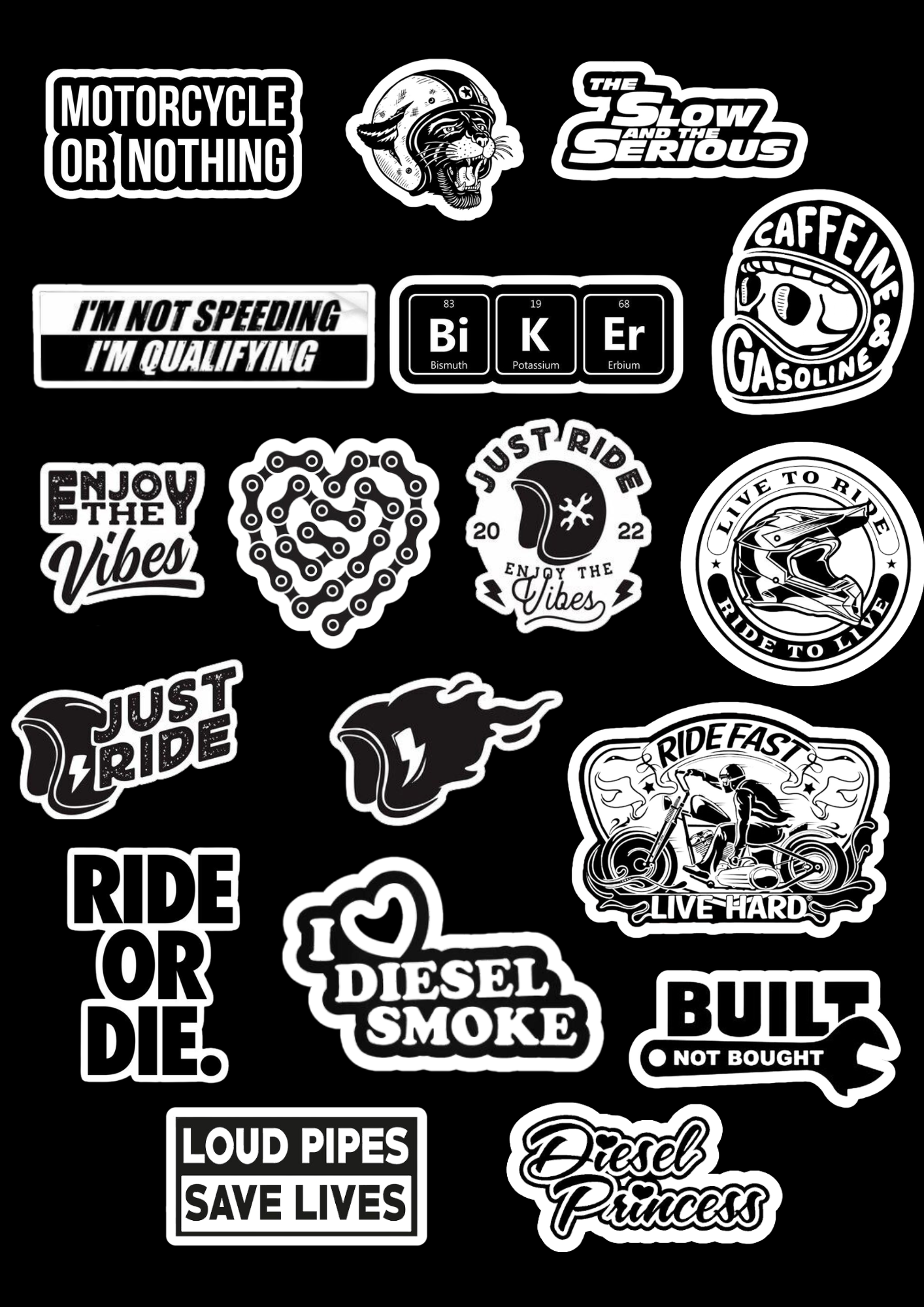 Monochrome Classic Motorcycle Rider Decals (18 Pcs)
