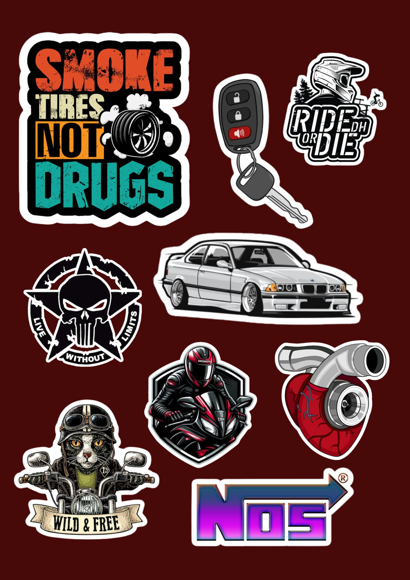 Smoke Tires Not Drugs Biker Stickers Pack (9 Pcs)