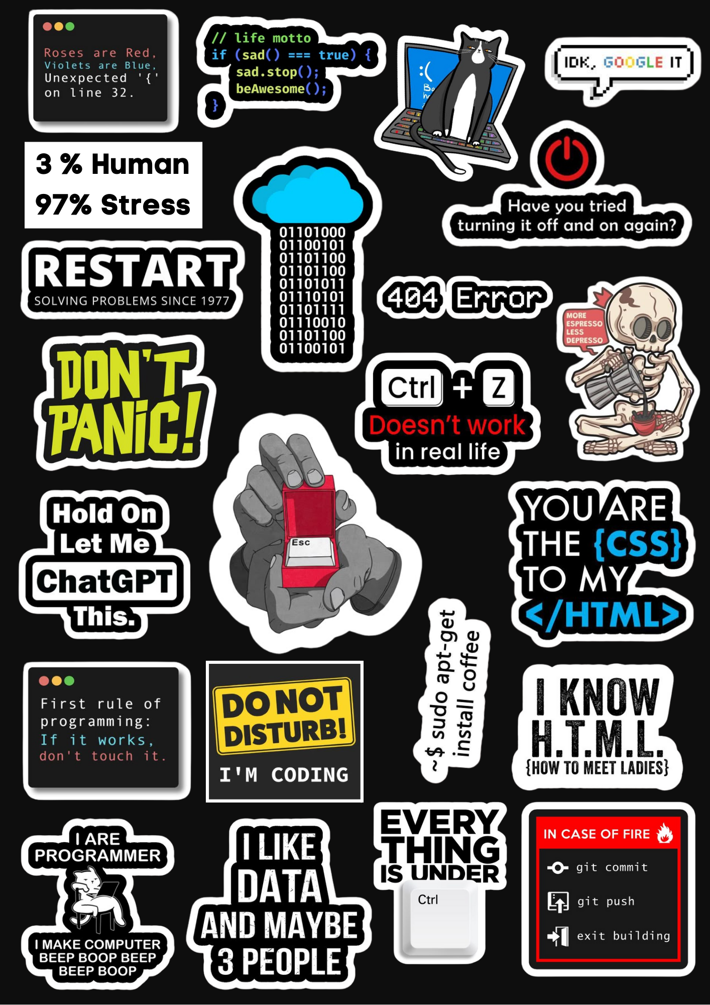 Tech Talk Sticker Pack – Developer Humor Reloaded (25 Pcs)