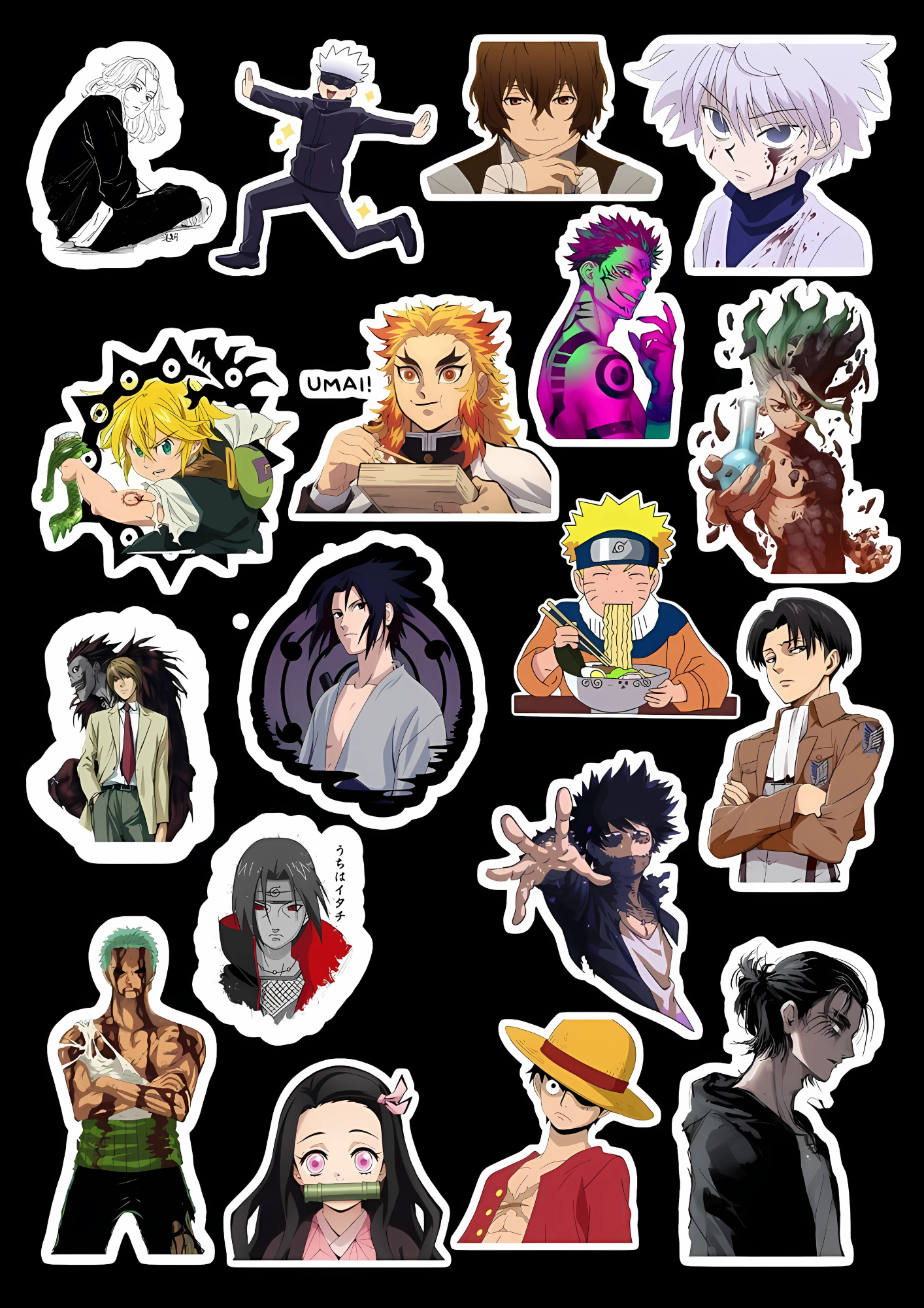 Collection of animated character stickers on a black background