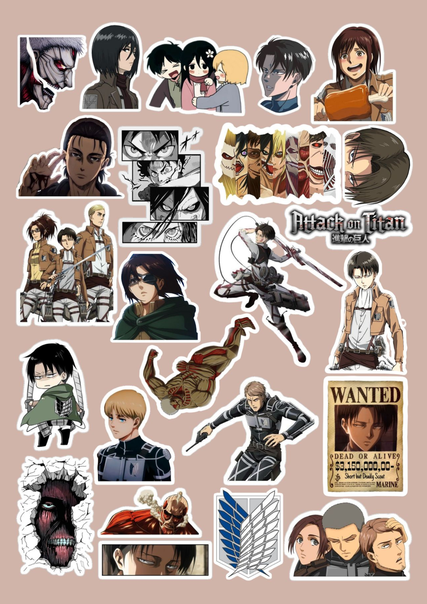 Collection of 'Attack on Titan' character stickers on a beige background