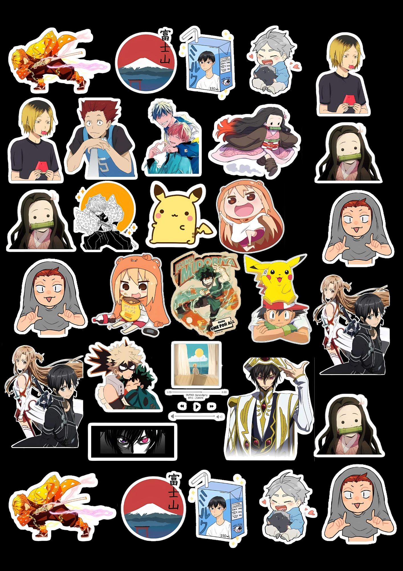Collection of various anime stickers on a black background for cupboard