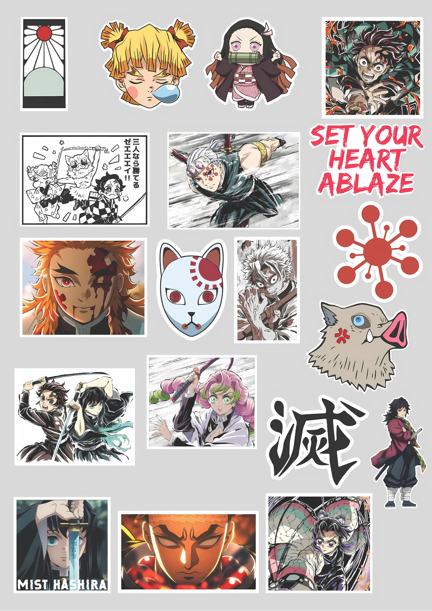 Collection of anime demon slayer illustrations on a gray background
