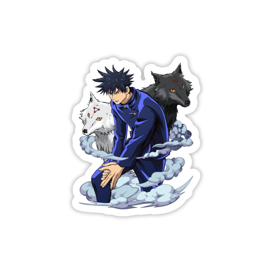 Anime character fushiguro Megumi in blue outfit with two wolves on a white background