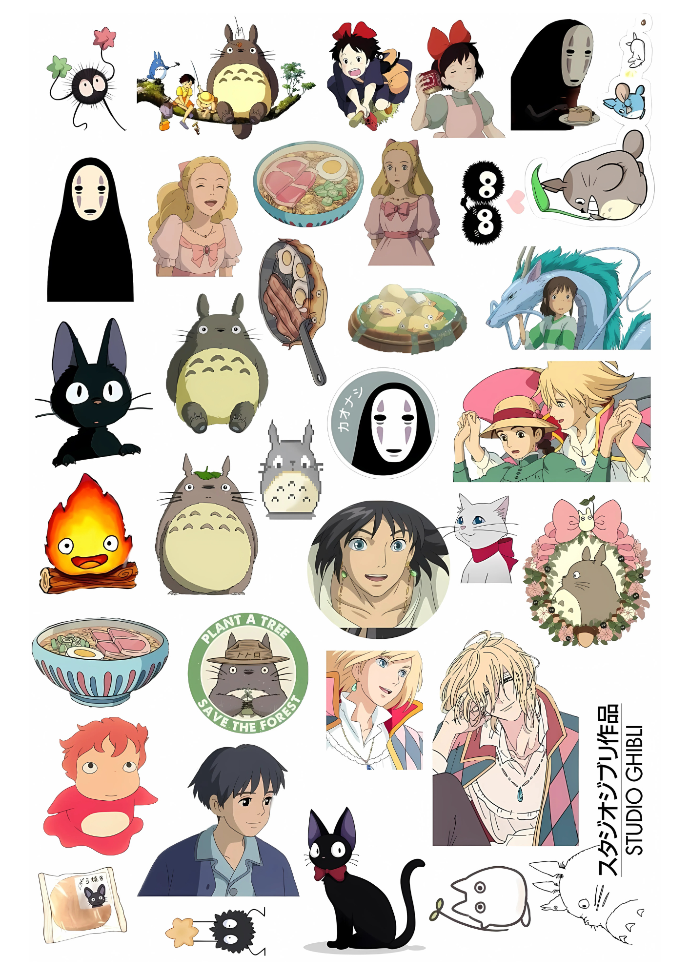 Collection of spirited away animated characters and icons from Studio Ghibli on a white background