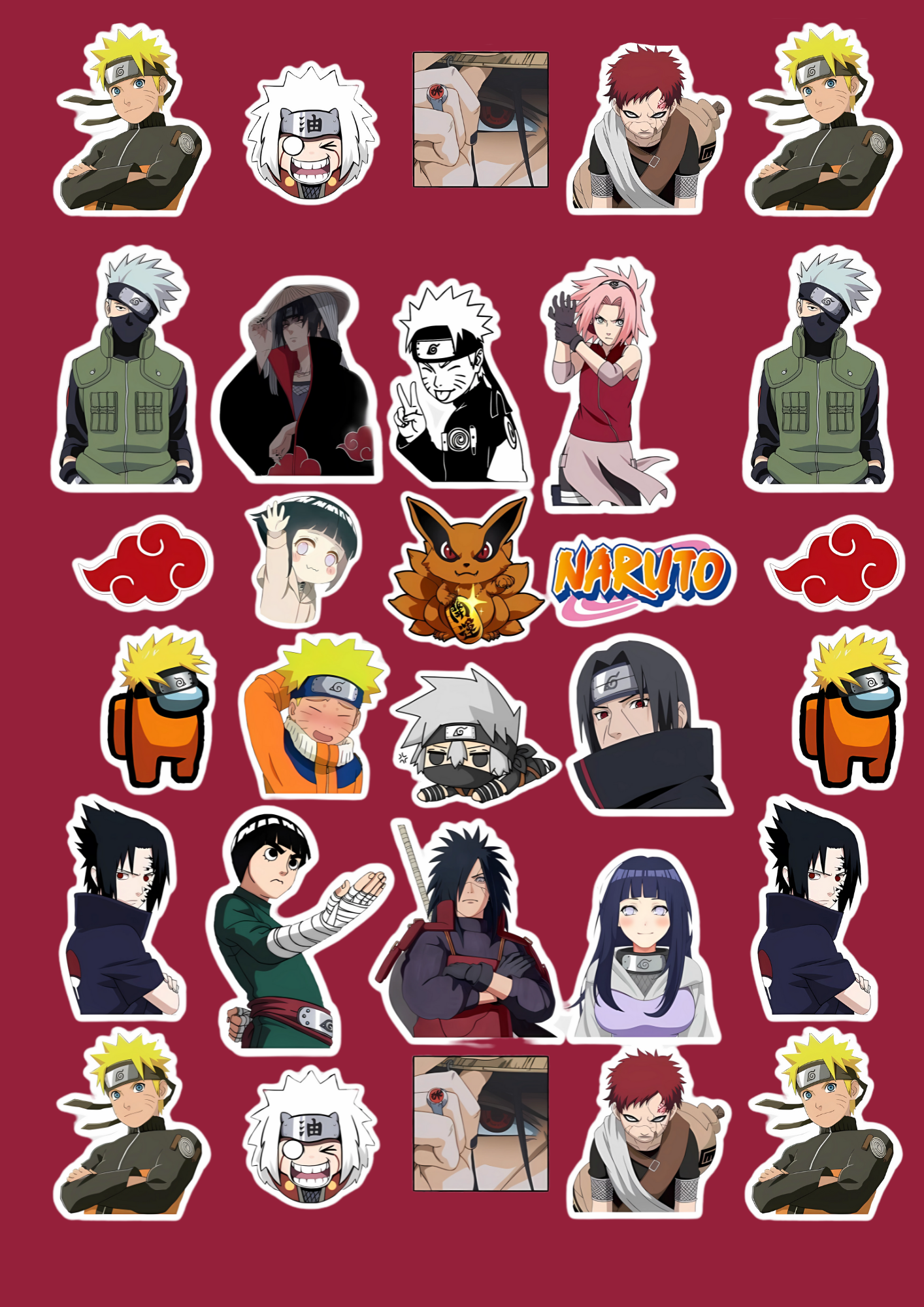 Collection of Naruto stickers on a red background