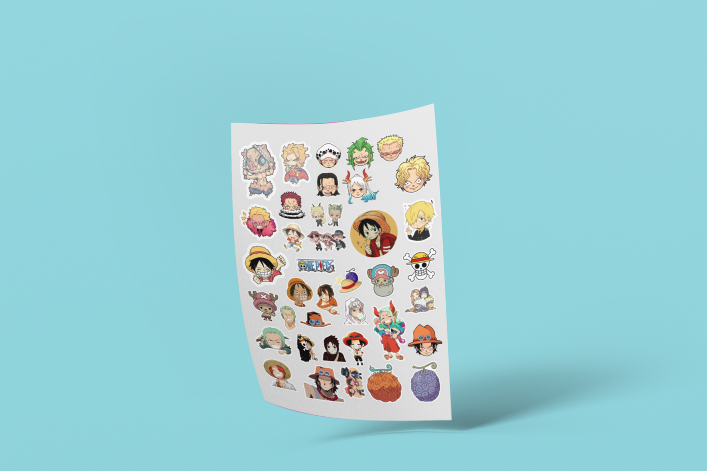 Sheet of stickers with various character illustrations of One Piece Anime on a blue background