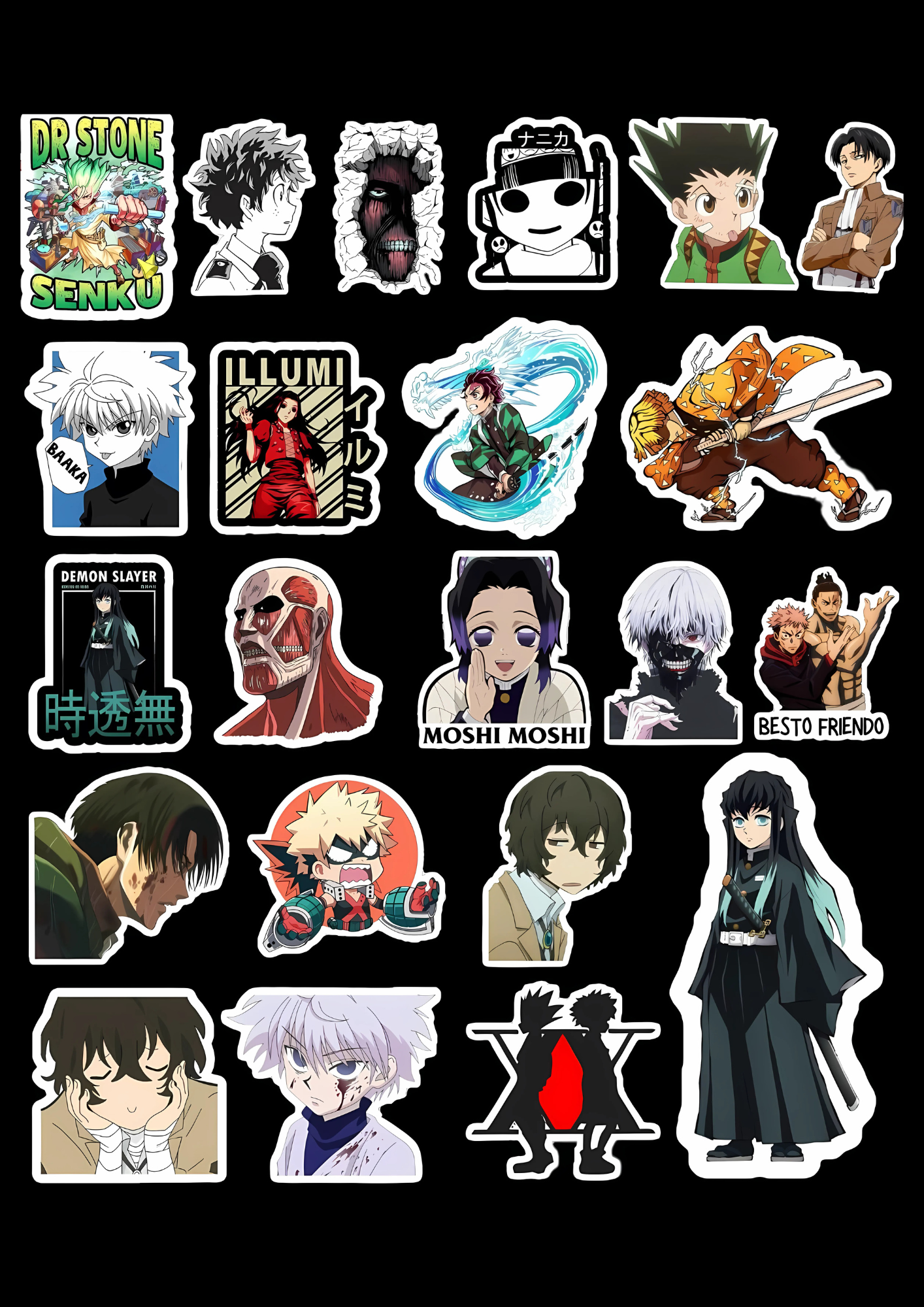 Collection of anime character stickers on a black background
