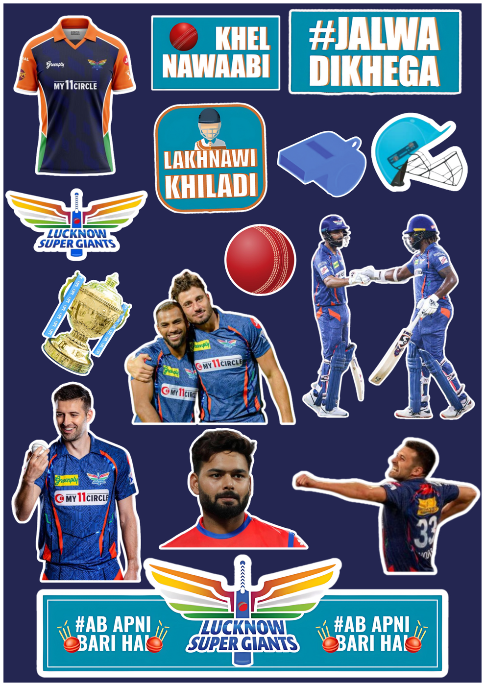 IPL LSG Sticker Pack – Super Giants Fan Edition (15 Pcs) – Stickermuse