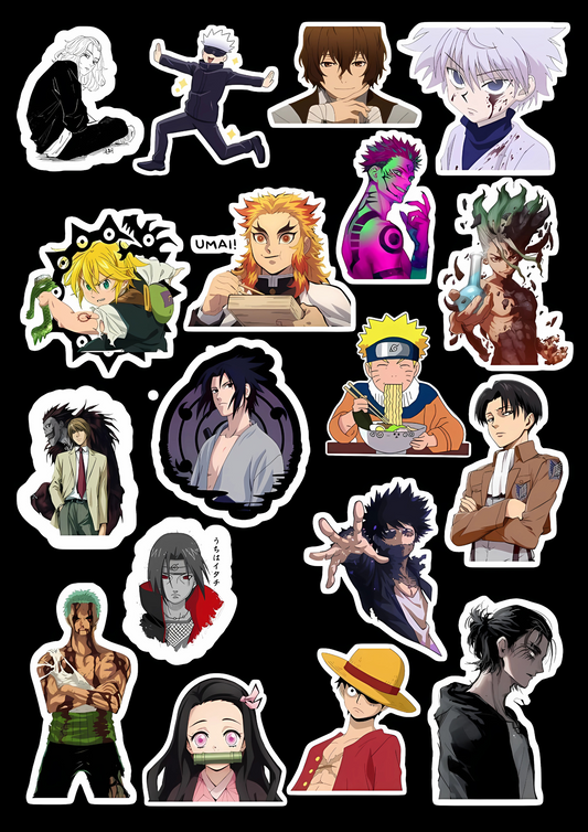 Collection of animated character stickers on a black background