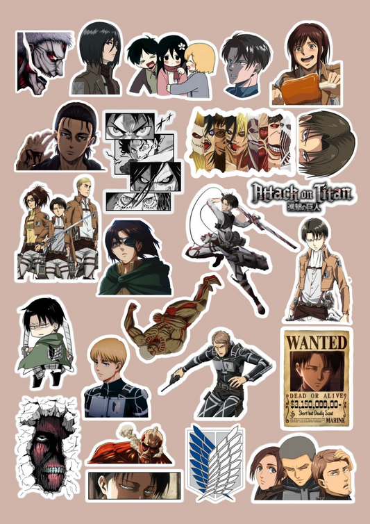 Collection of 'Attack on Titan' character stickers on a beige background