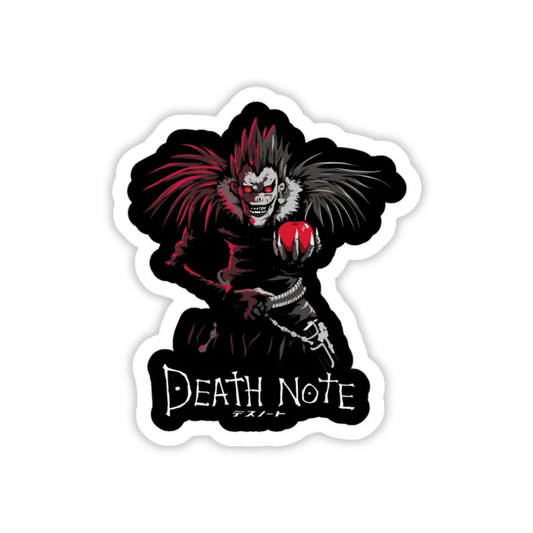 Sticker of ryuk with apple from 'Death Note' with red hair and black outfit on a white background