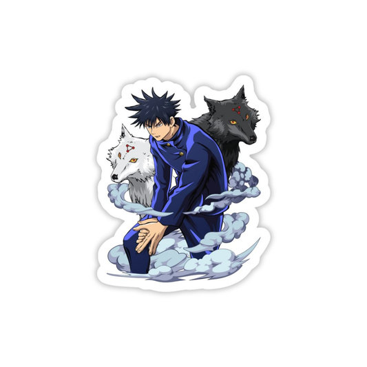 Anime character fushiguro Megumi in blue outfit with two wolves on a white background