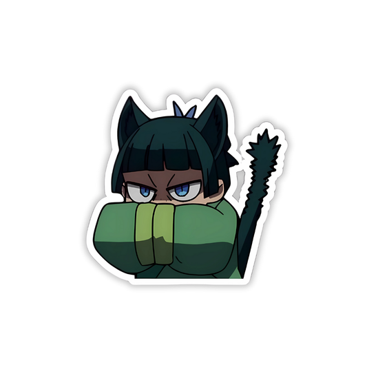 Stylized illustration of a character with fox-like ears and a tail on a white background