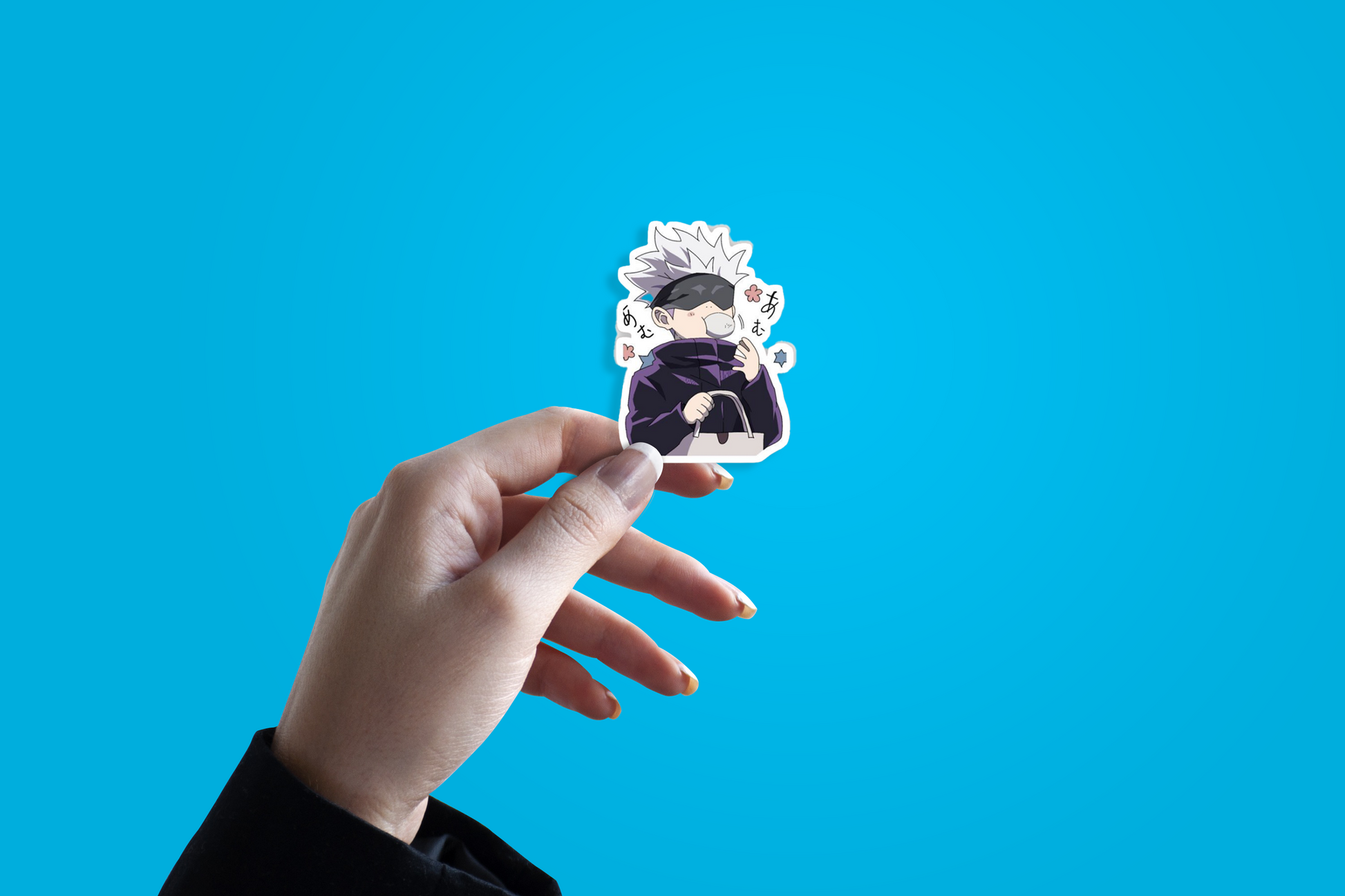 Gojo Saturo on blue background Sticker mockup