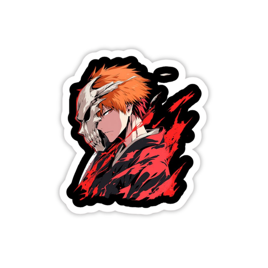Sticker of an anime character Ichigo from Bleach with orange hair and red and black design on a white background