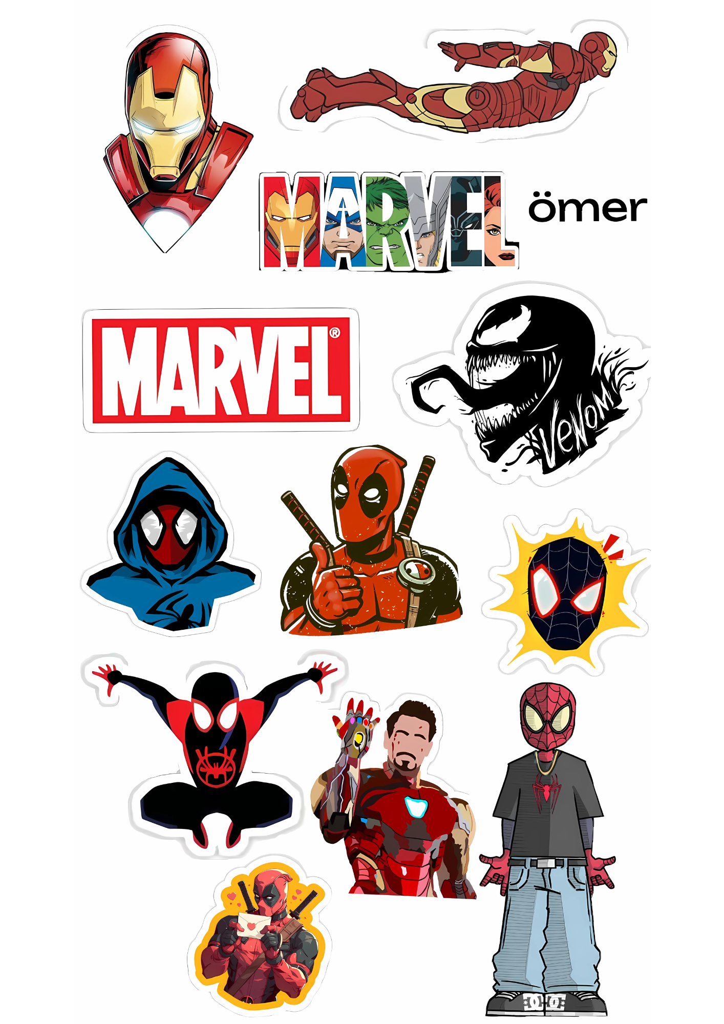 Set of Marvel-themed stickers featuring various characters and logos on a white background.