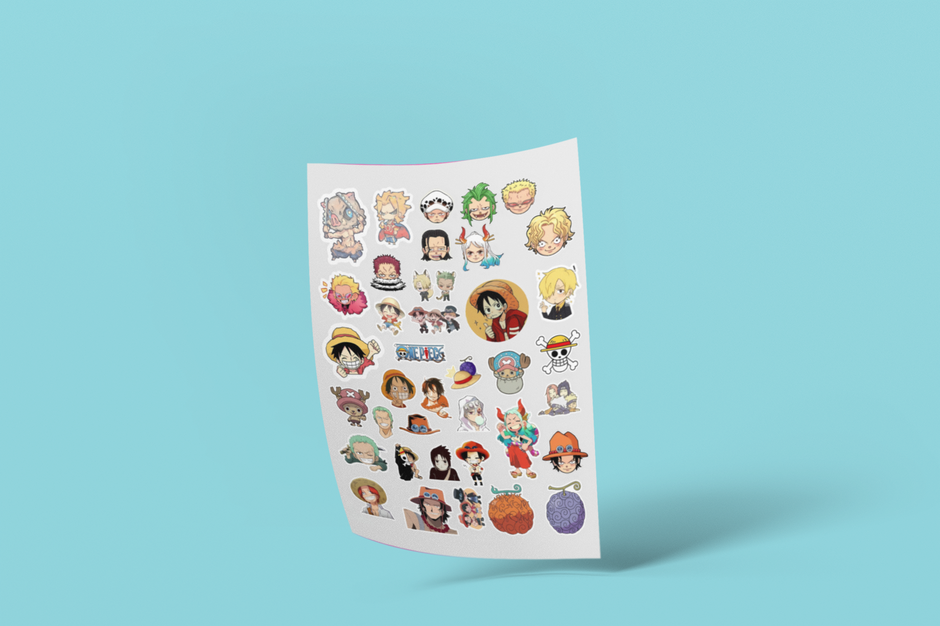 Sheet of stickers with various character illustrations of One Piece Anime on a blue background