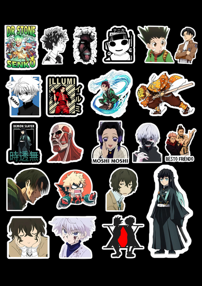 Collection of anime character stickers on a black background