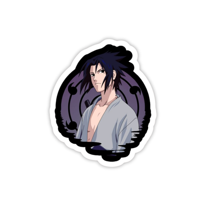 Sticker of an anime character Sasuke Uchihawith dark hair and a purple aura on a white background