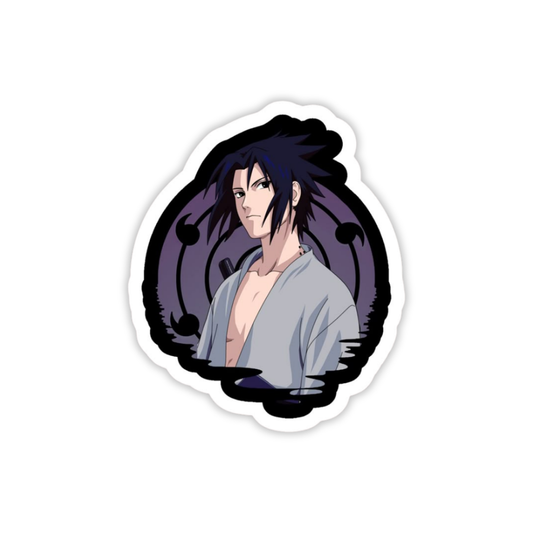 Sticker of an anime character Sasuke Uchihawith dark hair and a purple aura on a white background