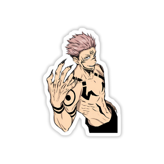 Sticker of an anime character with pink hair and tattoos on a white background