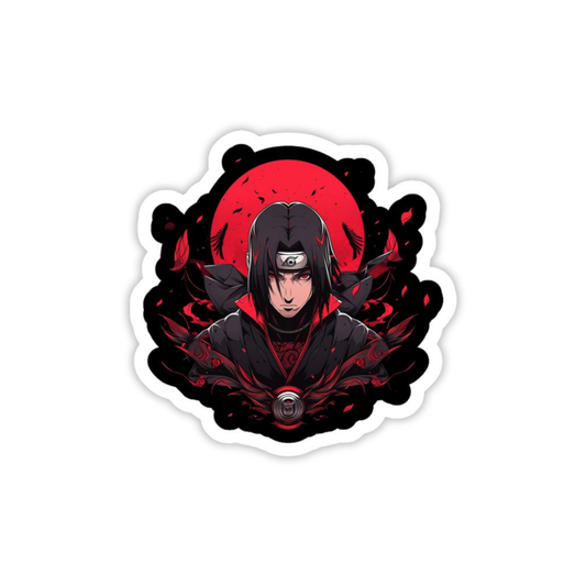 Sticker with an anime character in black and red design on a white background