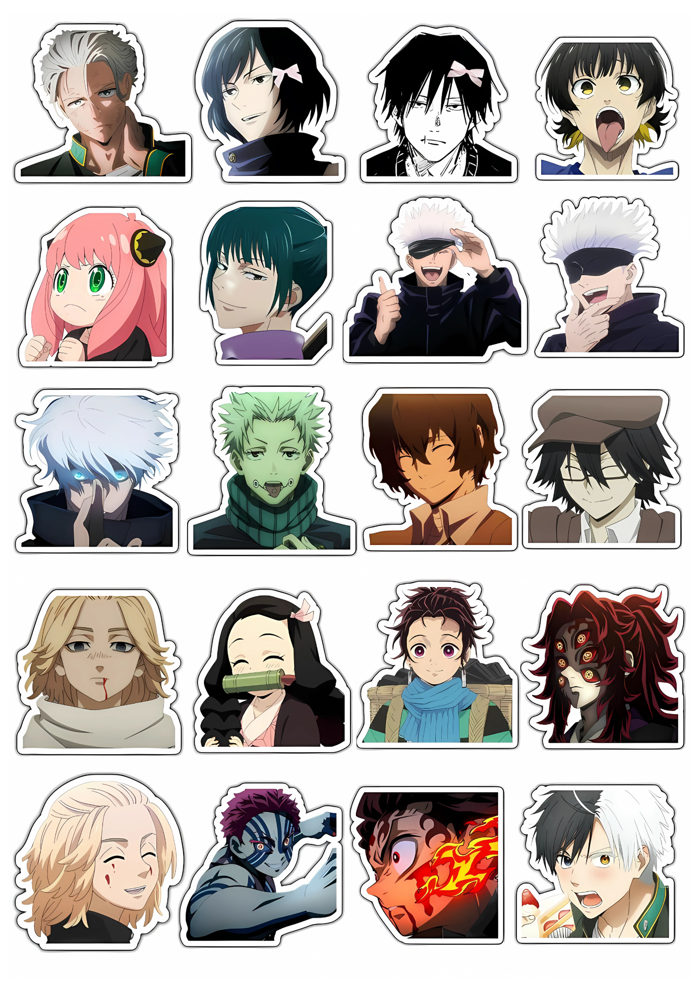 Set of animated character stickers with various hairstyles and outfits on a white background